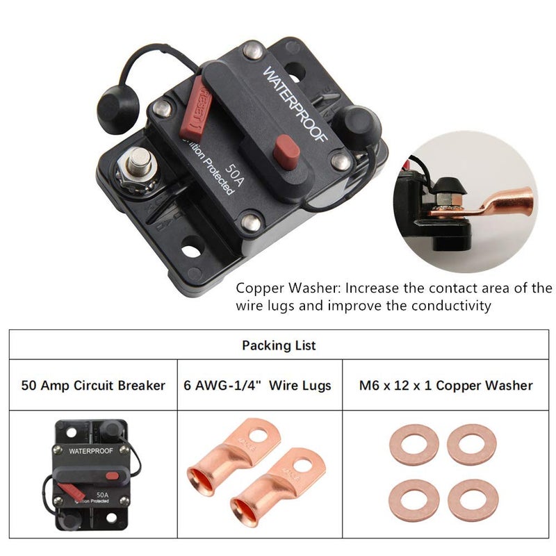 RVCAZON 50 Amp Circuit Breaker Trolling with Manual Reset Car Marine Trolling Motors Boat ATV Manual Power Protect for Audio System Fuse 12V-48VDC Waterproof (50Amp) - Image 2